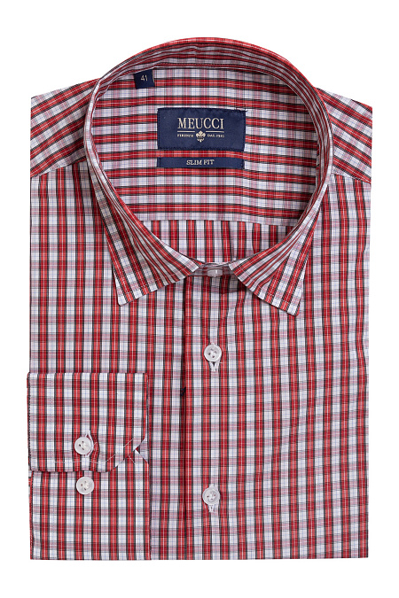 Модная мужская приталенная рубашка в клетку арт. SL90302R1050182/1605 от Meucci (Италия) - фото. Цвет: Красный в клетку. Купить в интернет-магазине https://shop.meucci.ru

