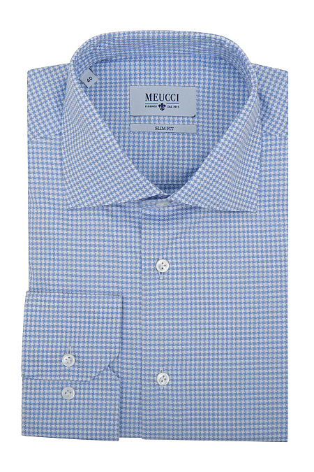 Модная мужская приталенная рубашка из хлопка арт. SL 90102 RL 12162/141163 от Meucci (Италия) - фото. Цвет: Голубой\Белый. Купить в интернет-магазине https://shop.meucci.ru

