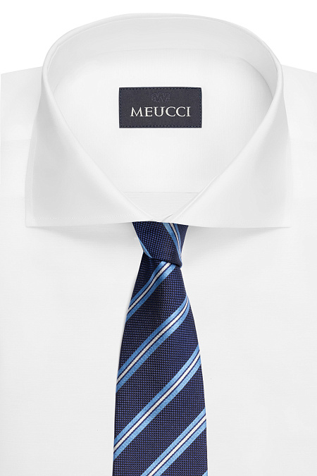 Шелковый галстук темно-синего цвета в косую полоску для мужчин бренда Meucci (Италия), арт. EKM212202-62 - фото. Цвет: Темно-синий в полоску. Купить в интернет-магазине https://shop.meucci.ru
