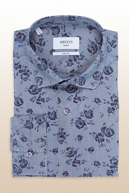 Модная мужская рубашка из хлопка и шелка арт. SL91907R3С941/14876 от Meucci (Италия) - фото. Цвет: Синий с принтом. Купить в интернет-магазине https://shop.meucci.ru

