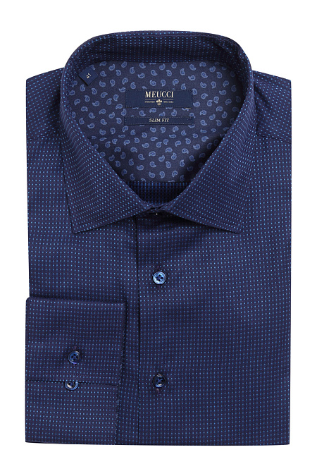Модная мужская приталенная рубашка с рисунком жаккард арт. SL 90205 R 32171/141570 от Meucci (Италия) - фото. Цвет: Темно-синий, рисунок жаккард.

