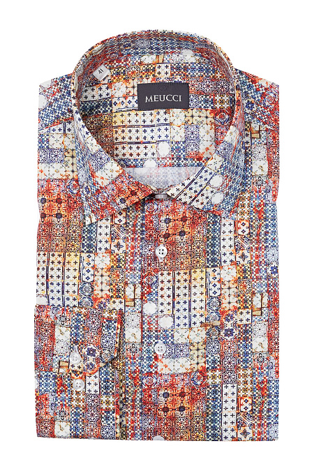 Модная мужская рубашка с цветным принтом арт. SL212011 от Meucci (Италия) - фото. Цвет: Цветной принт. Купить в интернет-магазине https://shop.meucci.ru

