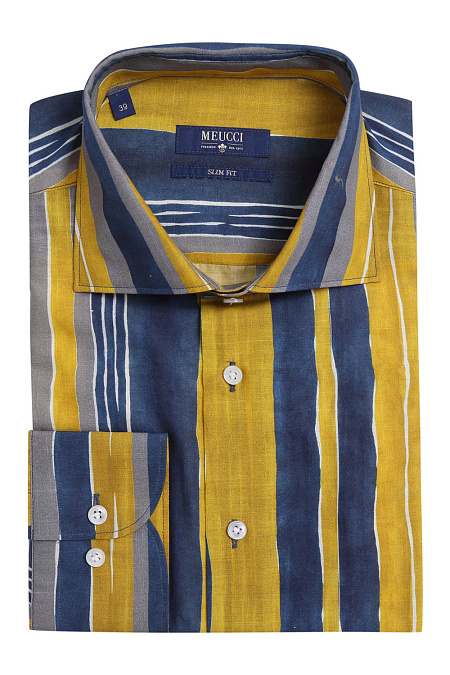 Модная мужская хлопковая рубашка в полоску арт. MS18016 от Meucci (Италия) - фото. Цвет: Горчичный/синий. Купить в интернет-магазине https://shop.meucci.ru


