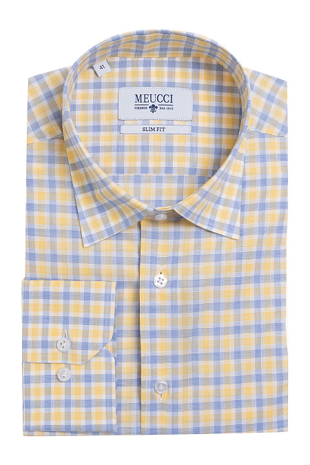 Модная мужская рубашка из смеси хлопка и льна в клетку арт. SL90302R1090282/1608 от Meucci (Италия) - фото. Цвет: Желтый в клетку. Купить в интернет-магазине https://shop.meucci.ru


