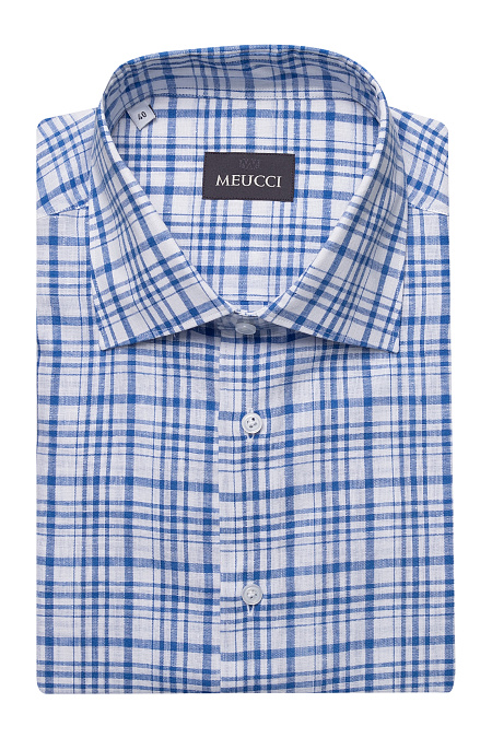 Модная мужская рубашка из смеси льна и хлопка в синюю клетку  арт. SL 902020 R 91CN/302113 от Meucci (Италия) - фото. Цвет: Сине-белая клетка. Купить в интернет-магазине https://shop.meucci.ru

