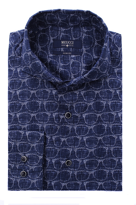 Модная мужская приталенная рубашка с орнаментом арт. SL 93107 R 22162/141193 от Meucci (Италия) - фото. Цвет: Темно-синий с орнаментом. Купить в интернет-магазине https://shop.meucci.ru

