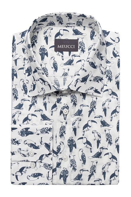 Модная мужская рубашка хлопковая с принтом в виде птиц арт. SL 902020 R 91AG/302114 от Meucci (Италия) - фото. Цвет: Белая с принтом. Купить в интернет-магазине https://shop.meucci.ru


