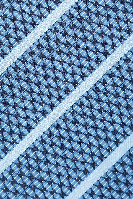 Синий галстук в полоску с орнаментом для мужчин бренда Meucci (Италия), арт. 03202006-03 - фото. Цвет: Синий с голубым. Купить в интернет-магазине https://shop.meucci.ru
