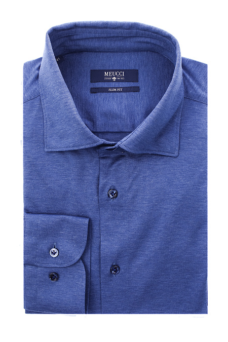 Модная мужская приталенная рубашка из хлопка арт. SL 93503 R 22162/141199 от Meucci (Италия) - фото. Цвет: Синий. Купить в интернет-магазине https://shop.meucci.ru


