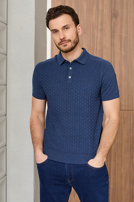 Поло цвета синего денима с фактурным орнаментом из хлопка Пима  для мужчин бренда Meucci (Италия), арт. MEU-2613/DQSS267 - фото. Цвет: Синий деним. Купить в интернет-магазине https://shop.meucci.ru
