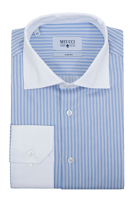 Модная мужская рубашка из хлопка голубого цвета в полоску арт. SL 90102 R 12171/141277 от Meucci (Италия) - фото. Цвет: Голубой/белый. Купить в интернет-магазине https://shop.meucci.ru

