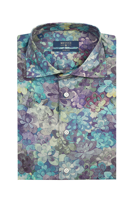 Модная мужская хлопковая рубашка с коротким рукавом арт. SL 90100 R/NK199 от Meucci (Италия) - фото. Цвет: Цветной принт.
