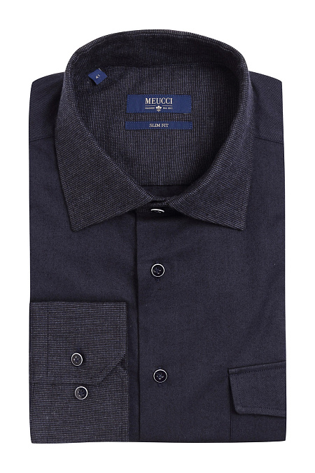 Мужская брендовая хлопковая рубашка темно-синего цвета арт. SL 90202 R 22171/141587 Meucci (Италия) - фото. Цвет: Темно-синий, рисунок диагональ (твил). 
