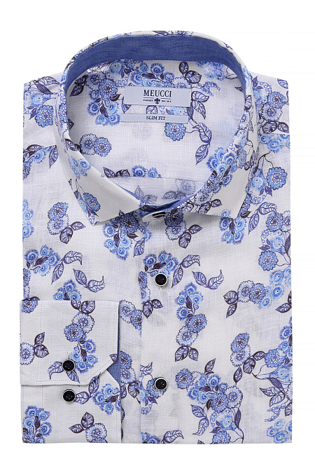 Модная мужская приталенная рубашка из льна арт. SL 91502 R 32372/141366 от Meucci (Италия) - фото. Цвет: Белый с орнаментом. Купить в интернет-магазине https://shop.meucci.ru

