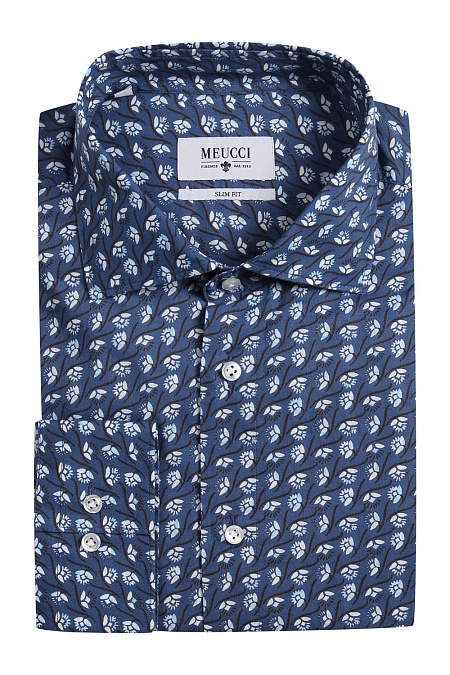 Модная мужская темно-синяя рубашка с орнаментом арт. SL 92607R 32152/141061 от Meucci (Италия) - фото. Цвет: Синяя с  орнаментом. Купить в интернет-магазине https://shop.meucci.ru


