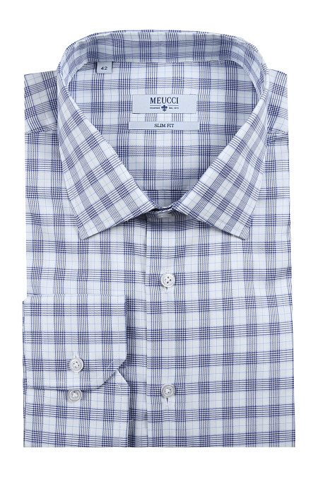 Модная мужская приталенная рубашка в клетку арт. SL 90202 R 12161/141140 Meucci (Италия) - фото. Цвет: Белый в синюю клетку. 