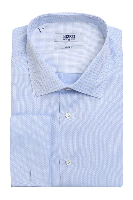 Модная мужская голубая рубашка под запонки арт. SL 90204 R 12171/141532Z под запонки от Meucci (Италия) - фото. Цвет: Голубой, жаккард. Купить в интернет-магазине https://shop.meucci.ru
