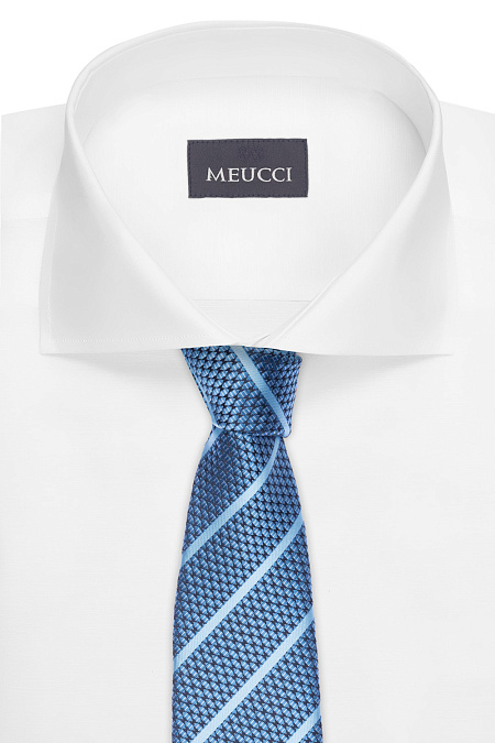 Синий галстук в полоску с орнаментом для мужчин бренда Meucci (Италия), арт. 03202006-03 - фото. Цвет: Синий с голубым. Купить в интернет-магазине https://shop.meucci.ru
