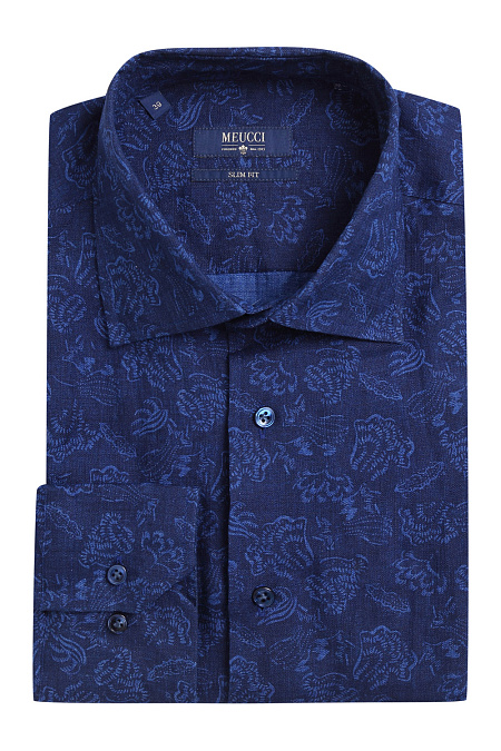 Модная мужская рубашка из льна с длинными рукавами арт. MS18061 от Meucci (Италия) - фото. Цвет: Темно-синий с орнаментом. Купить в интернет-магазине https://shop.meucci.ru

