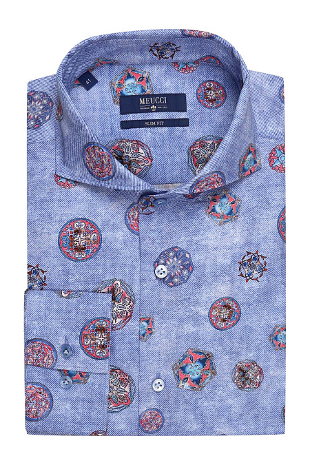 Модная мужская приталенная рубашка с цветным принтом арт. SL 93107 R 39162/141190 от Meucci (Италия) - фото. Цвет: Синий с цветным принтом. Купить в интернет-магазине https://shop.meucci.ru

