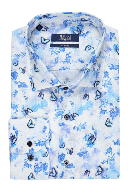 Модная мужская льняная рубашка с принтом арт. SL 91603 R 39162/141207 от Meucci (Италия) - фото. Цвет: Белый с цветным принтом. Купить в интернет-магазине https://shop.meucci.ru

