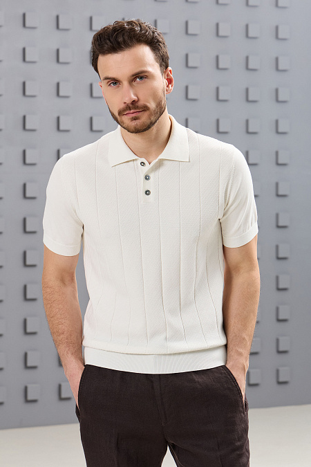 Поло цвета слоновой кости с фактурным полосами из хлопка Пима  для мужчин бренда Meucci (Италия), арт. MEU-2614/DQSS73 - фото. Цвет: Слоновая кость. Купить в интернет-магазине https://shop.meucci.ru
