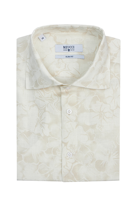 Модная мужская рубашка из льна с коротким рукавом  арт. SL 90100 R/NK084 от Meucci (Италия) - фото. Цвет: Бело-бежевый принт. Купить в интернет-магазине https://shop.meucci.ru

