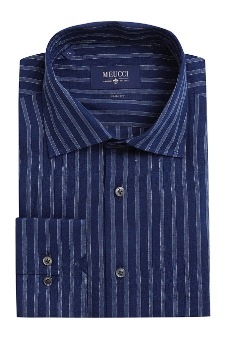 Модная мужская темно-синяя рубашка из льна в полоску арт. MS18062 от Meucci (Италия) - фото. Цвет: Темно-синий в полоску. Купить в интернет-магазине https://shop.meucci.ru

