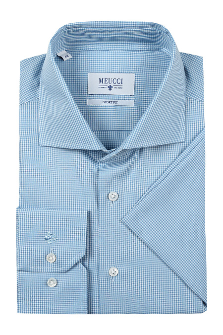 Модная мужская сильно - приталенная рубашка из хлопка арт. SP 92902 R 12161/141095 от Meucci (Италия) - фото. Цвет: Светло-синий в клетку. Купить в интернет-магазине https://shop.meucci.ru

