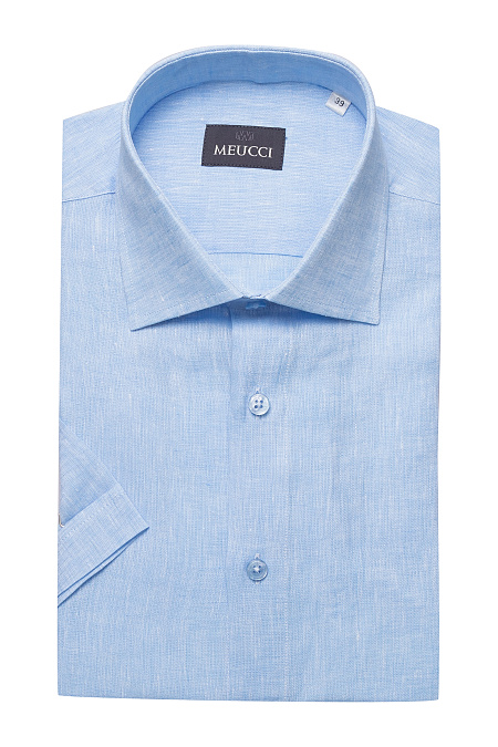 Модная мужская льняная рубашка голубая с коротким рукавом  арт. SL 9020 R BAS 0291/182082 K от Meucci (Италия) - фото. Цвет: Голубой. Купить в интернет-магазине https://shop.meucci.ru

