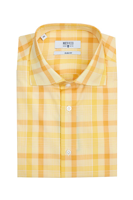 Модная мужская хлопковая рубашка с коротким рукавом  арт. SL 90100 R/NK230 K от Meucci (Италия) - фото. Цвет: Желтый в клетку. Купить в интернет-магазине https://shop.meucci.ru

