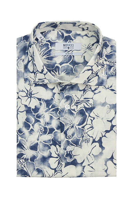 Модная мужская рубашка из льна с коротким рукавом  арт. SL 90100 R/NK083 от Meucci (Италия) - фото. Цвет: Сине-белый принт. Купить в интернет-магазине https://shop.meucci.ru

