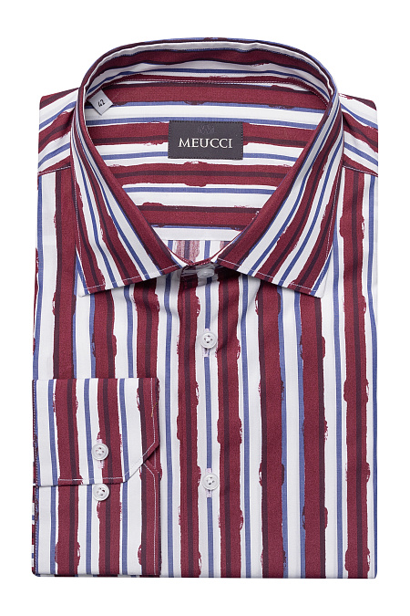 Модная мужская рубашка из хлопка с цветным принтом  арт. SL 902020 R 91AG/302118 от Meucci (Италия) - фото. Цвет: Бордовые и синие полосы на белом. Купить в интернет-магазине https://shop.meucci.ru

