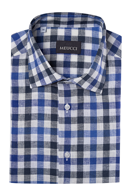 Модная мужская рубашка в клетку с коротким рукавом арт. SL 90202 R CEL 2191/141939K от Meucci (Италия) - фото. Цвет: Синий, черный, белый . Купить в интернет-магазине https://shop.meucci.ru

