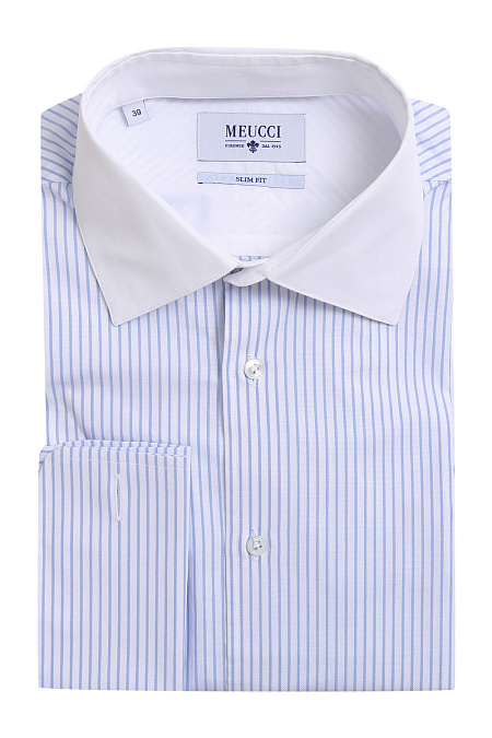 Модная мужская хлопковая рубашка с белым воротником в полоску арт. MS18092 под запонки от Meucci (Италия) - фото. Цвет: Белый в полоску. Купить в интернет-магазине https://shop.meucci.ru

