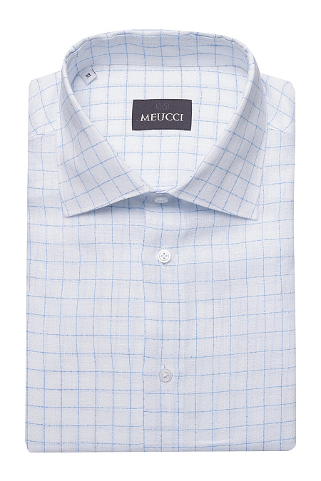 Мужская брендовая рубашка из смеси льна и хлопка белая в клетку арт. SL 902020 R 91CN/302111 Meucci (Италия) - фото. Цвет: Белый в клетку. 
