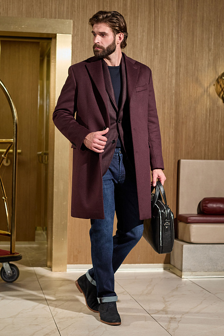 Пальто кашемировое бордового цвета  для мужчин бренда Meucci (Италия), арт. MI 5300191LP/11910 - фото. Цвет: Бордовый. Купить в интернет-магазине https://shop.meucci.ru
