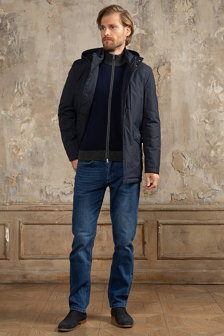 Утепленная куртка-парка средней длины с капюшоном для мужчин бренда Meucci (Италия), арт. 2027 - фото. Цвет: Тёмно-синий. Купить в интернет-магазине https://shop.meucci.ru
