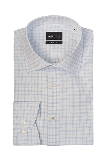 Модная мужская рубашка белая в светло-синюю клетку  арт. SL 9020 RL 0291 CEL/231120 от Meucci (Италия) - фото. Цвет: .
